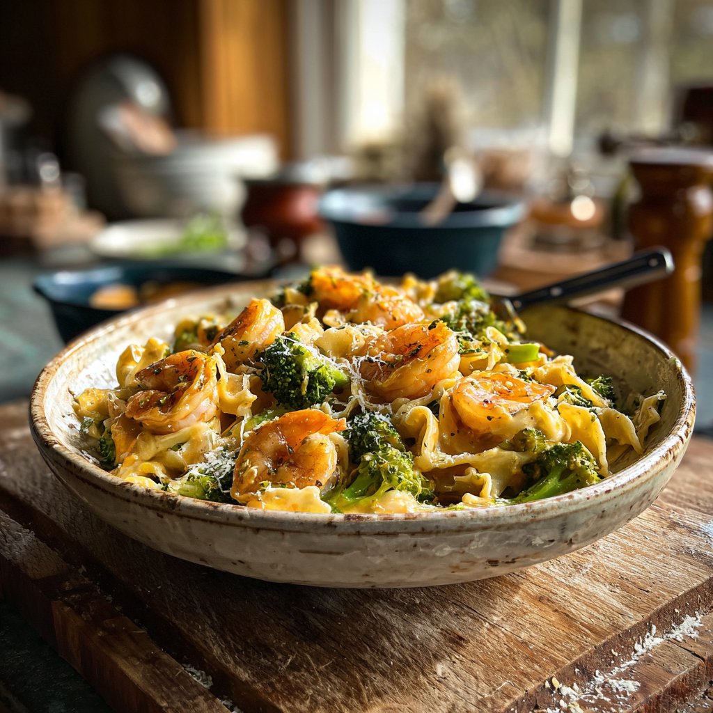 Broccoli Cheddar Shrimp Pasta